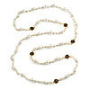 Romantic Faux Pearl Bead with Black/White Enamel Rose Element Long Necklace in Gold Tone - 154cm Long