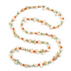 Off White/Orange/Green/Citrine Shell Nugget and Glass Bead Long Necklace - 115cm Long