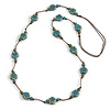 Dusty Blue Ceramic Flower and Round Shape Bead Brown Silk Cord Necklace/90cm Min Length/Slight Variation In Colour/Natural Irregularities