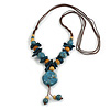Ceramic/Acrylic Beaded with Flower Tassel Brown Silk Cord Necklace in Dusty Blue/Cream/Teal Blue/ 66cm L/Slight Variation In Colour/Natural Irregulari