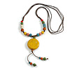 Multicoloured Ceramic Bead Tassel Necklace with Brown Cotton Cord/66cm L/13cm Tassel/Slight Variation In Colour/Natural Irregularities