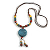 Multicoloured Ceramic Bead Tassel Necklace with Brown Silk Cord/66cm L/13cm Tassel/Slight Variation In Colour/Natural Irregularities