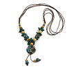 Ceramic/Acrylic Beaded with Flower Tassel Brown Silk Cord Necklace in Dusty Blue/Yellow/Teal Green/ 66cm L/Slight Variation In Colour/Natural Irregula