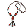 Red/Teal Ceramic and Brown Wood Bead Tassel Brown Silk Cord Necklace/70cm to 80cm L/Slight Variation In Colour/Natural Irregularities