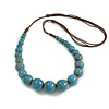 Dusty Blue Graduated Ceramic Bead Brown Silk Cords Necklace/58cm to 70cm L/Slight Variation In Colour/Natural Irregularities