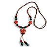 Red/Teal/Black Round Ceramic Bead with Flower Tassel Brown Silk Cord Necklace/ 66cm L/Slight Variation In Colour/Natural Irregularities