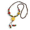 Multicoloured Round Ceramic Bead with Flower Tassel Brown Silk Cord Necklace/ 66cm L/Slight Variation In Colour/Natural Irregularities