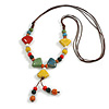Multicoloured Ceramic Bead with Leaf Shape Tassel Brown Silk Cord Necklace/ 66cm L/Slight Variation In Colour/Natural Irregularities