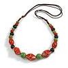 Green/Red/Black Graduated Ceramic Bead Brown Silk Cords Necklace/50cm to 60cm L/Slight Variation In Colour/Natural Irregularities