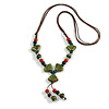 Green/Red/Teal Ceramic Bead with Leaf Shape Tassel Brown Silk Cord Necklace/ 66cm L/Slight Variation In Colour/Natural Irregularities
