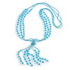 3 Strand Light Blue Crystal Bead Long Necklace with Tassel/90cm L/14cm Tassel