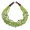 Multistrand Lime Green Glass Bead/ Semiprecious Stone Necklace With Wood Hook Closure - 58cm L