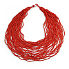 Chunky Red Glass Bead Bib Multistrand Layered Necklace - 80cm L