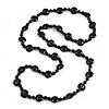 Long Black Wood Button and Round Shape Bead Necklace - 110cm Long