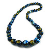 Chunky Graduated Wood Glossy Beaded Necklace in Shades of Dark Blue/Gold/White - 66cm Long