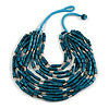 Statement Multistrand Wood Bead Light Blue Cotton Cord Bib Style Necklace In Malachite Green - 64cm Long