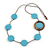 Light Blue/ Brown Coin Wood Bead Cotton Cord Necklace - 84cm Long - Adjustable