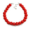 20mm D/Chunky Red Polished Wood Bead Necklace in Silver Tone - 44cm L/10cm Ext