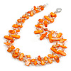 Two Row Layered Orange Shell Nugget and Transparent Orange Glass Crystal Bead Necklace - 50cm Long