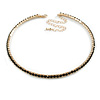 Slim Black Crystal Choker Style Necklace In Gold Tone Metal - 35cm L/ 10cm Ext