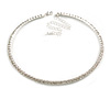 Slim Clear Crystal Choker Style Necklace In Silver Tone Metal - 35cm L/ 10cm Ext