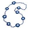 Handmade Blue/Light Blue/White Floral Crochet Blue/White Glass Bead Long Necklace/ Lightweight - 100cm Long