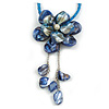 Blue Shell Flower Pendant with Blue Faux Leather Cord Necklace - 44cm/ 4cm Ext/ 12cm Front Drop