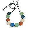 Blue/White/Green/Brown Wooden Coin Bead Black Cotton Cord Necklace/ 100cm Max Length/ Adjustable