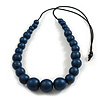Chunky Dark Blue Graduated Wood Bead Black Cord Necklace - 84cm Max/ Adjustable