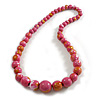 Chunky Graduated Wood Glossy Beaded Necklace in Shades of Pink/Gold/White - 66cm Long