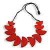 Red Semicircle Wooden Bead with Black Cotton Cord Long Necklace - 80cm Max Length - Adjustable