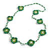 Handmade Gree/Olive/White Floral Crochet Green/White Glass Bead Long Necklace/ Lightweight - 100cm Long