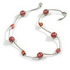Stylish Red Glass/ Shell Bead and Textured Metal Bar Necklace In Silver Tone - 41cm L/ 4cm Ex