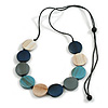 Grey/White/Blue/Turquoise Wood Coin Bead Grey Cotton Cord Necklace - 96cm L (Max Length)
