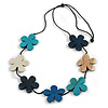 White/Blue/Turqouise Wooden Floral Black Cord Long Necklace/ 100cm Max/ Adjustable
