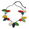Multicoloured Oval/Round Wood Bead with Black Cotton Cord Long Necklace - 100cm L (Adjustable)