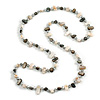 Long Off White/Anthracite Grey Shell Nugget and Clear Faceted Glass Bead Necklace - 114cm Long