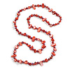 Long Imperial Red Shell Nugget and Dark Red Faceted Glass Bead Necklace - 112cm Long