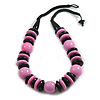 Chunky Style Marble Pink/Black Wood Bead Cotton Cord Necklace - 64cm Long