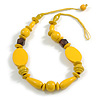 Yellow Wooden/ Glass Beaded Cotton Cord Necklace with Button/Loop Closure - 60cm Long