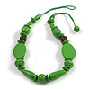 Grass Green Wooden/ Glass Beaded Cotton Cord Necklace with Button/Loop Closure - 60cm Long