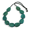 Geometric Washed Teal Wood Bead Black Cord Necklace - 80cm Long Adjustable