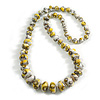Long Graduated Wooden Bead with Floral Pattern in Electric Yellow/Black/White Colours Necklace - 80cm Long