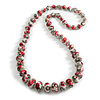 Long Graduated Wooden Bead with Floral Pattern in Pink/Red/Black/White Colours Necklace - 80cm Long