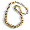 Long Graduated Wooden Bead with Floral Pattern in Dark Yellow/Black/White Colours Necklace - 80cm Long
