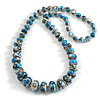 Long Graduated Wooden Bead with Floral Pattern in Blue/Black/White Colours Necklace - 80cm Long