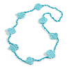 Handmade Turquoise Coloured Floral Crochet Glass Bead Long Necklace/ Lightweight - 100cm Long