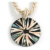 Round Shell Pendant Antique White Glass Bead Twisted Rope Necklace in Black/Cream/Abalone Colours - 44cm L/ 50mm Diameter