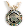 Shell Round Pendant with Turtle Motif on Twisted Beaded Cord Necklace in Black/Grey/Abalone Colours - 44cm L/ 50mm Diameter