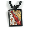 Rectangular Shell Pendant with Black Beaded Twisted Cord Necklace in Black/White/Red/Yellow Colours - 44cm Long